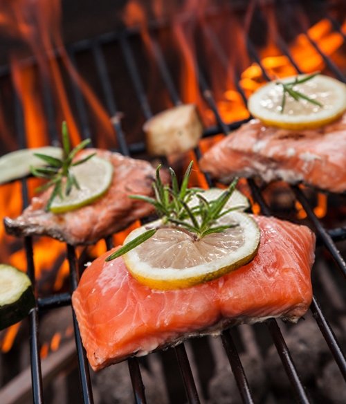 Grilled Salmon Steaks. When the salmon steaks are nearly cooked, add the freshly chopped parsley or coriander leaves.